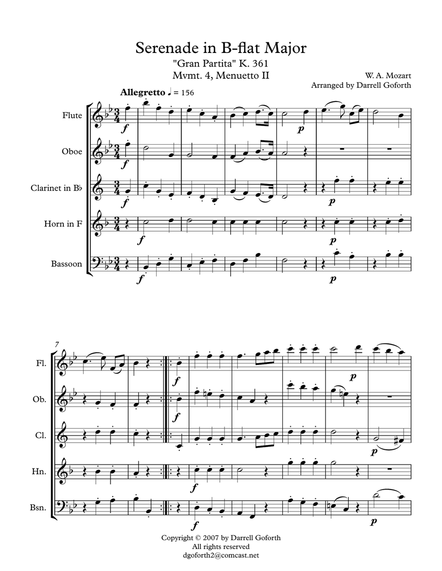 Mozart: Serenade in Bb Major, K. 361 (Gran Partita) for Wind Quintet Mvmt. 4 (Menuetto II) Woodwind Quintet scores gallery preview page 1