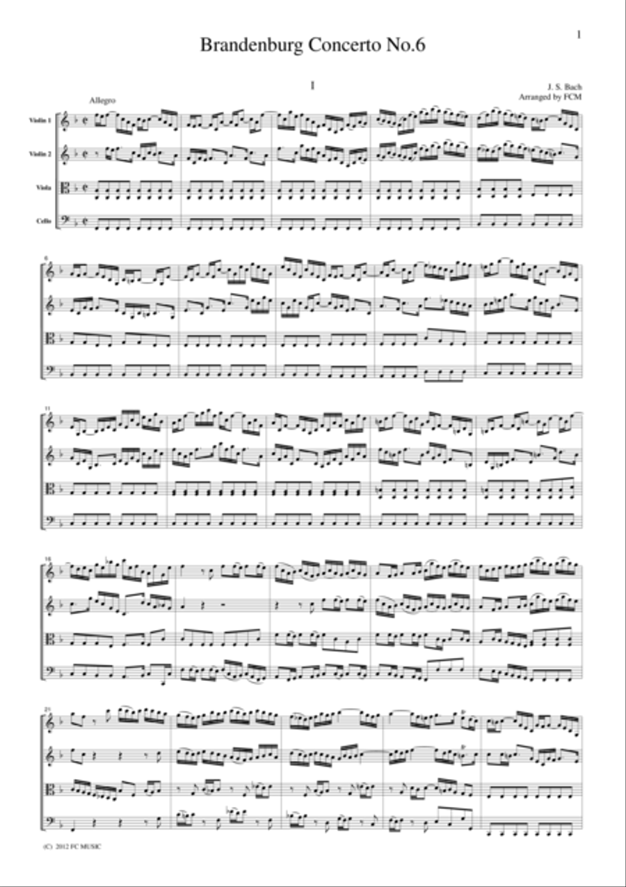 J.S.Bach Brandenburg Concerto No.6, all mvts. for String Quartet, for string quartet, CB227 String Quartet scores gallery preview page 1