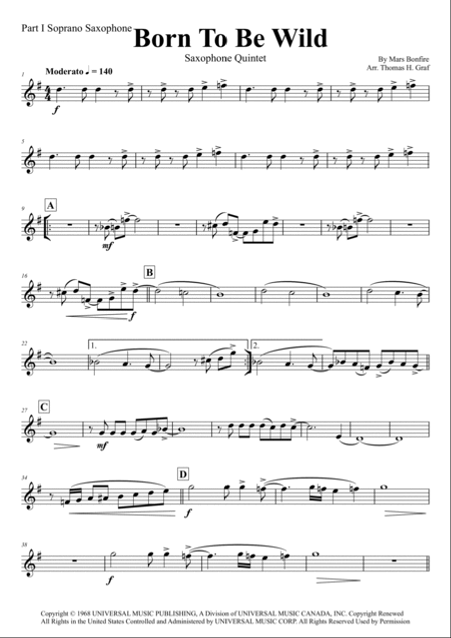 Born To Be Wild Saxophone Quintet scores gallery preview page 5