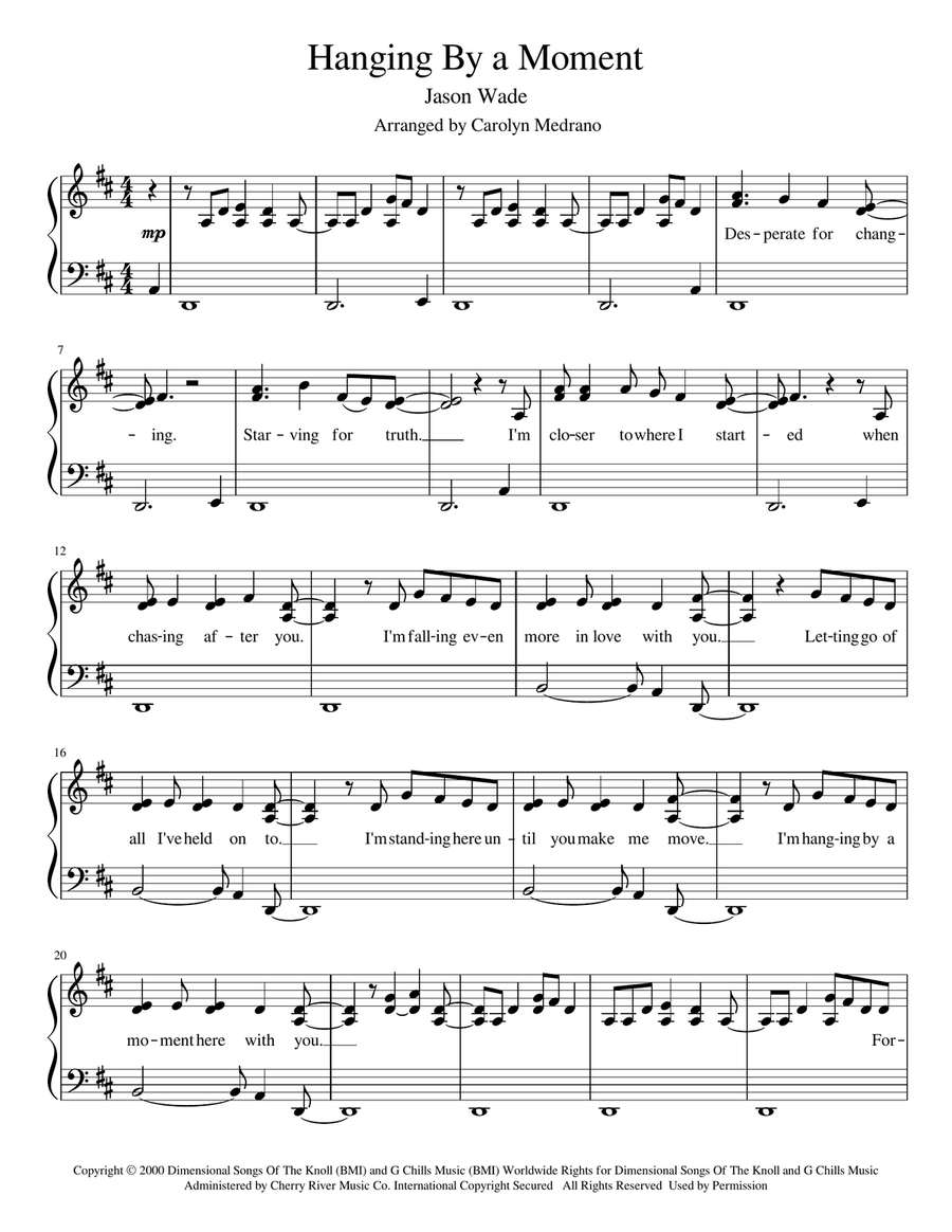 Hanging By A Moment Hanging By A Moment Piano Solo scores gallery preview page 1