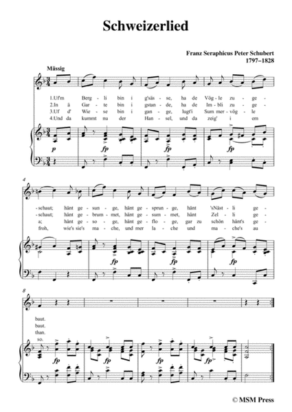 Schubert-Schweizerlied,in F Major,for Voice&Piano image number null
