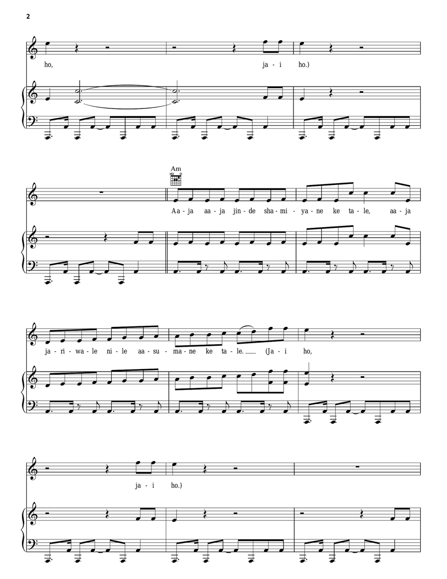 Jai Ho Piano, Vocal, Guitar scores gallery preview page 2