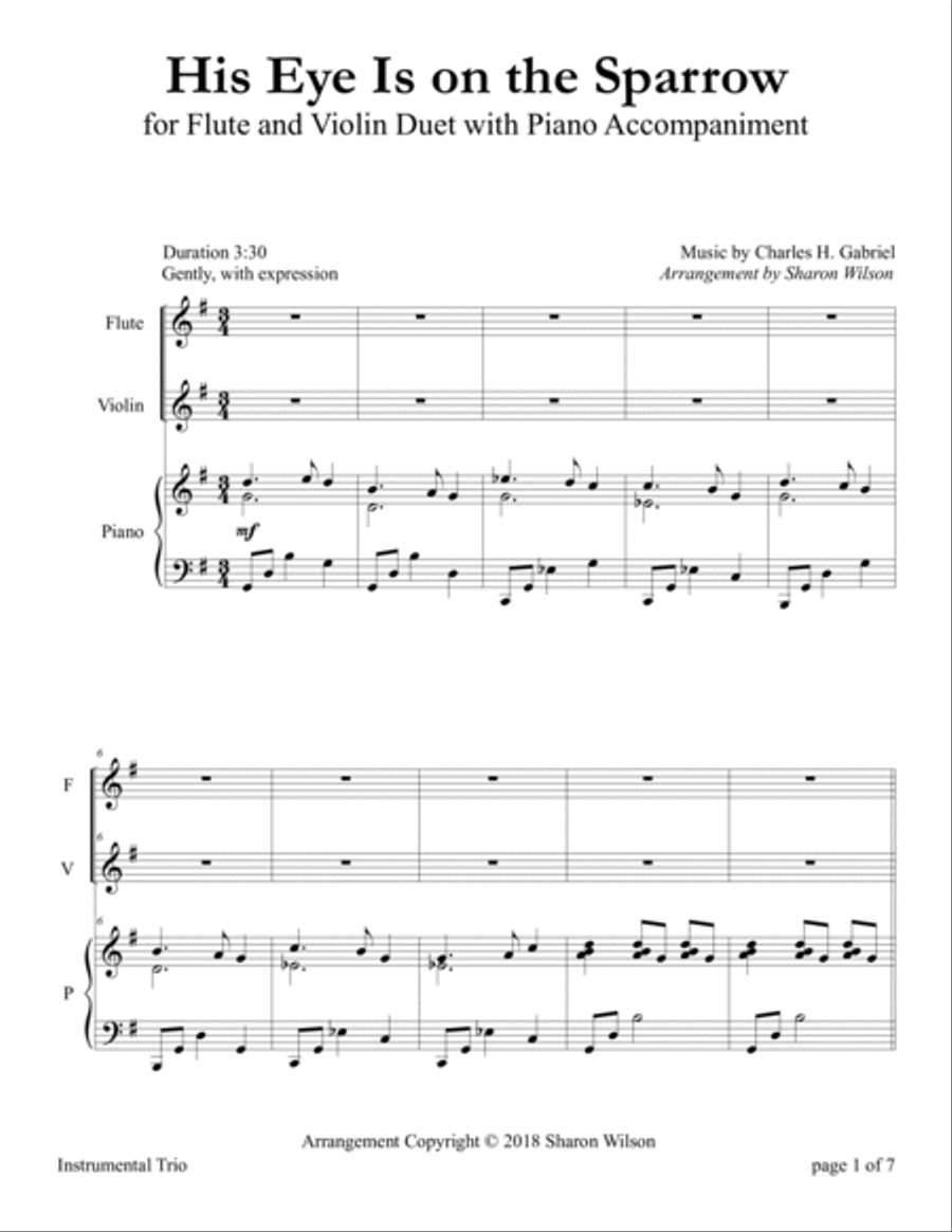 His Eye Is on the Sparrow (for Flute and Violin Duet with Piano accompaniment) Flute scores gallery preview page 3