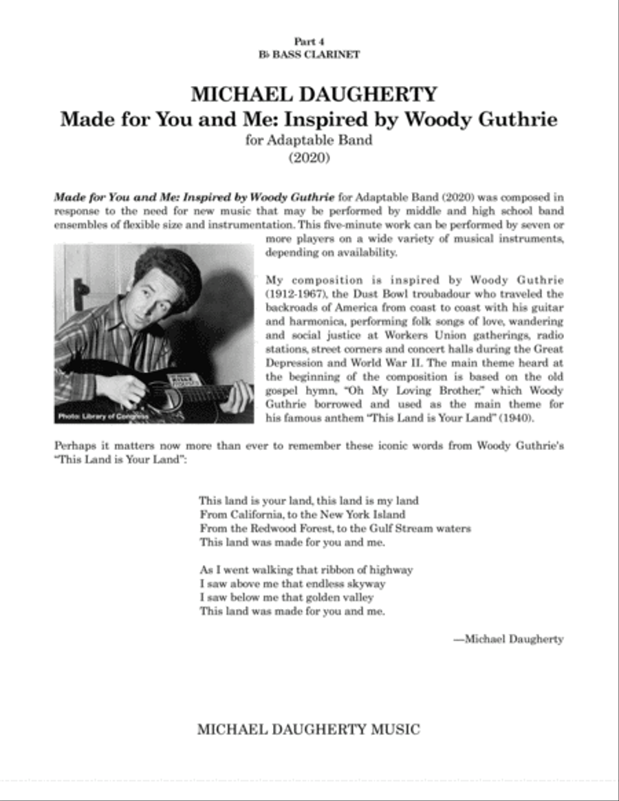 Made for You and Me: Inspired by Woody Guthrie - Part 4 - Bb Bass Clarinet Concert Band scores gallery preview page 1