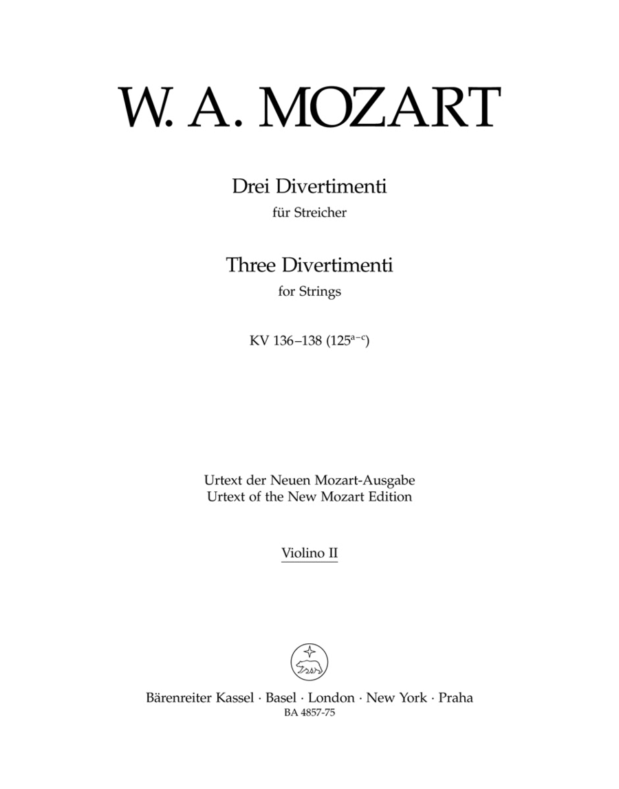 Three Divertimenti for Strings and Winds KV 136-138 (125a-c) Violin scores gallery preview page 1