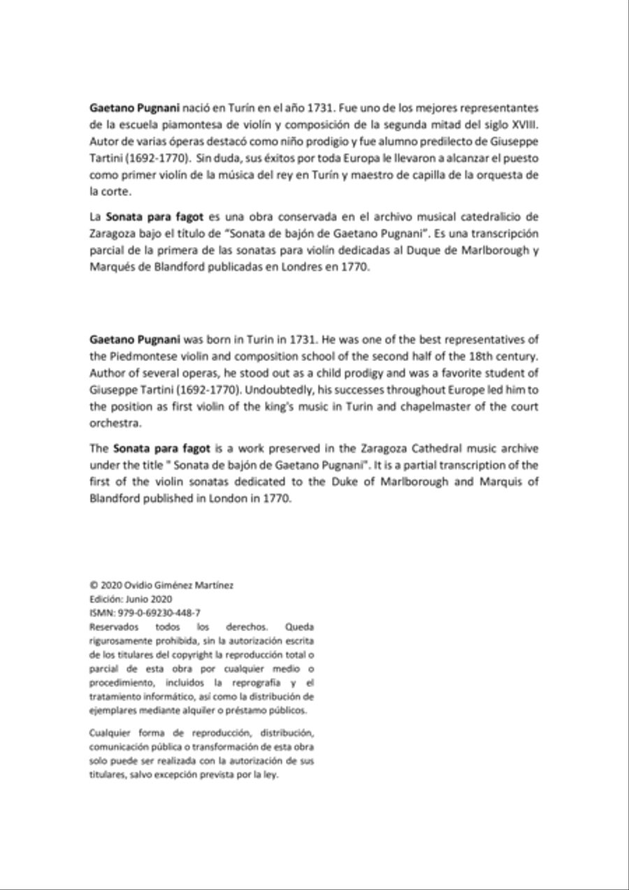 Sonata de Fagot. Gaetano Pugnani. by Ovidio Gimenez Martinez Bassoon Solo scores gallery preview page 2