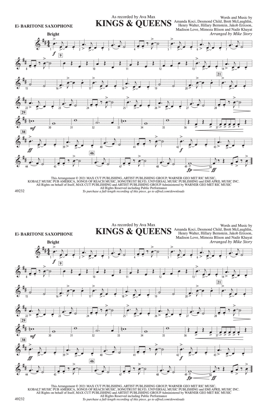 Kings & Queens: E-flat Baritone Saxophone Marching Band scores gallery preview page 1