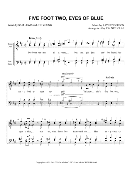 Five Foot Two, Eyes Of Blue (has Anybody Seen My Girl?) by Ray Henderson Choir - Digital Sheet Music