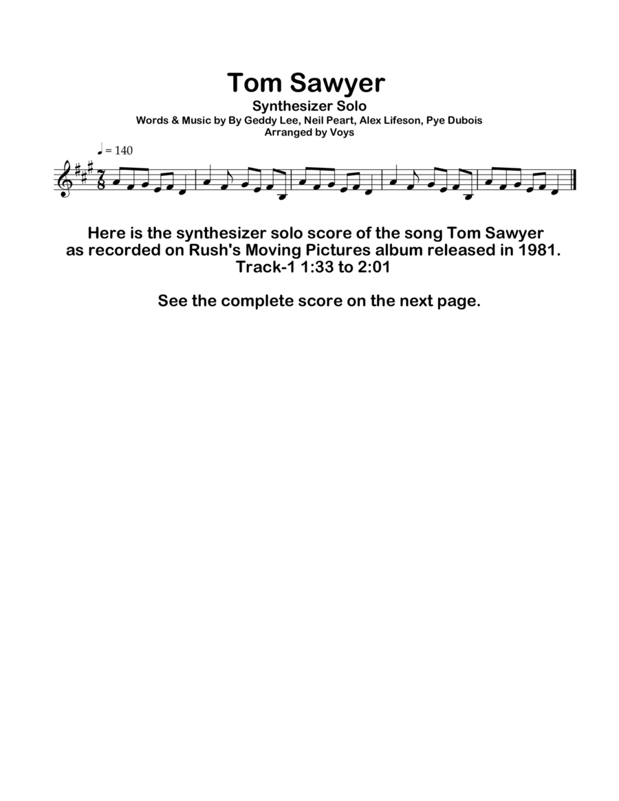 Tom Sawyer Tom Sawyer Part scores gallery preview page 1