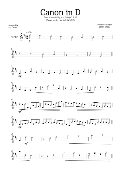 "Canon in D" by Pachelbel - EASY version for VIOLIN SOLO. image number null