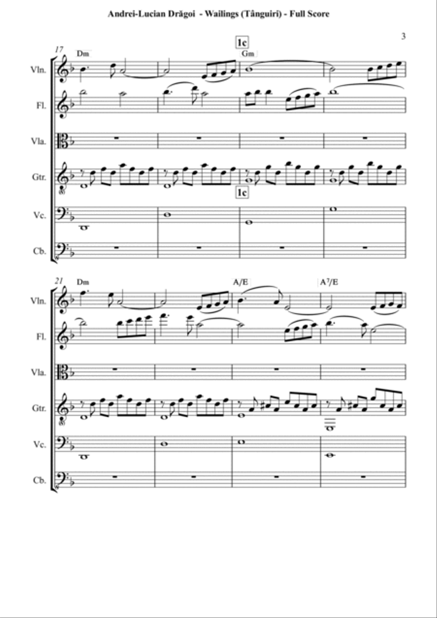 Wailings (Tânguiri) - miniature for violin, flute, viola, guitar (/piano/harp) cello and bass sexte Clarinet scores gallery preview page 3