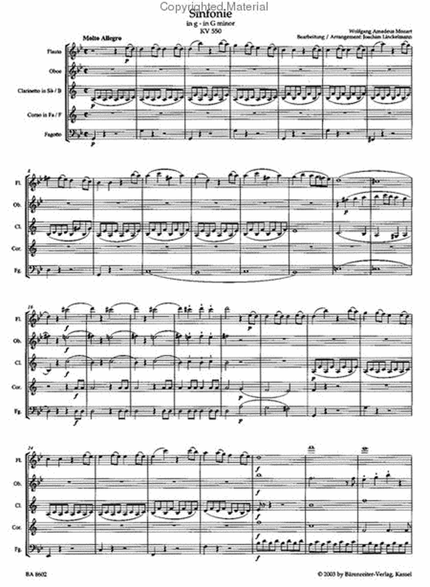 Symphony for Woodwind Quintet g minor KV 550
