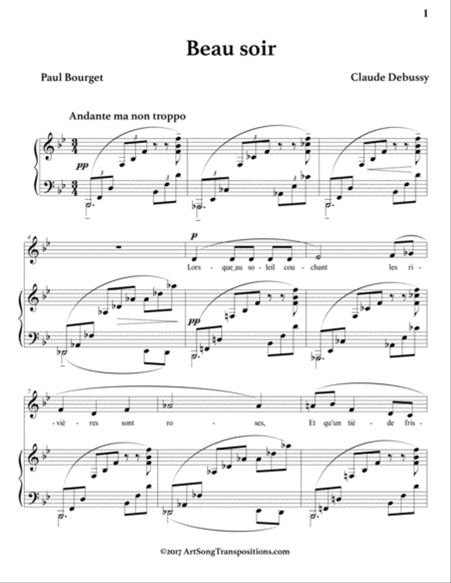 DEBUSSY: Beau soir (transposed to B-flat major) Voice scores gallery preview page 2