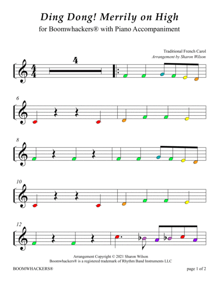 Ding Dong! Merrily on High (Color Coded for One Octave Boomwhackers with Piano) image number null