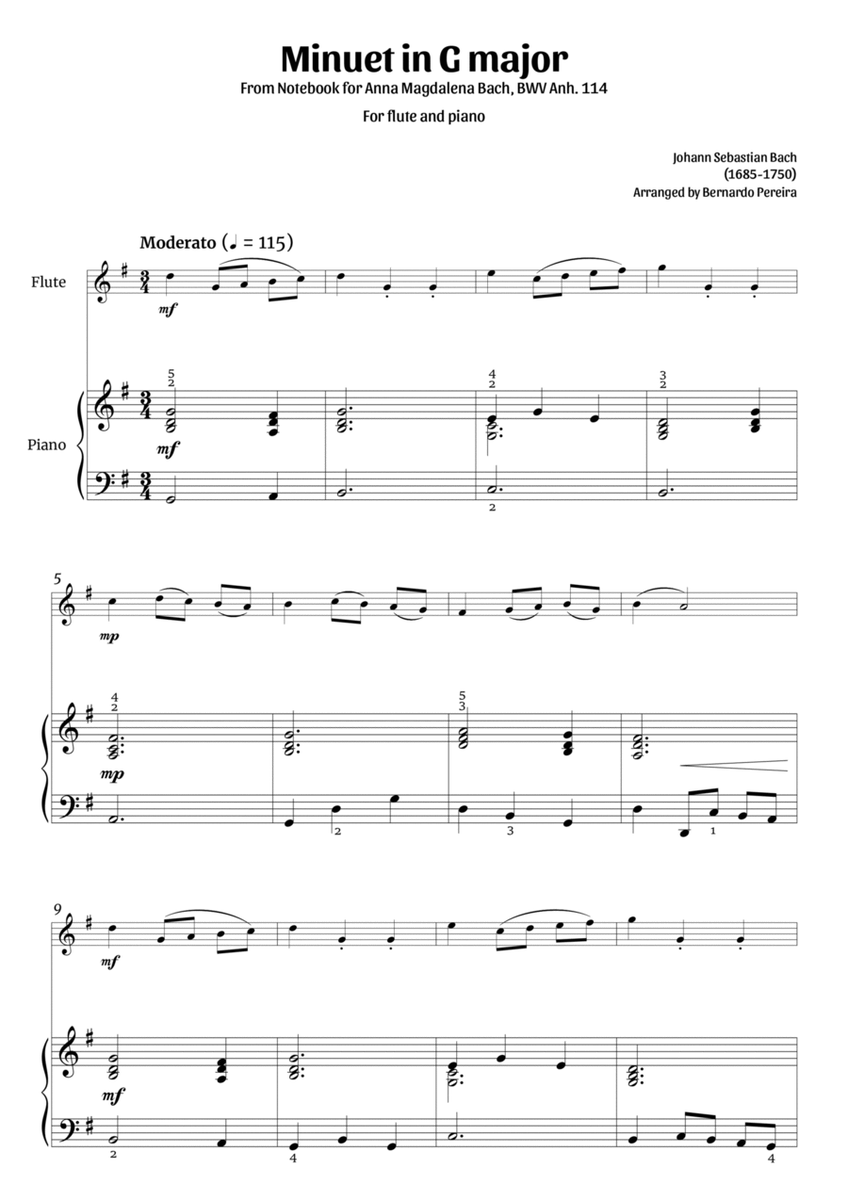 Minuet in G major (flute and piano – clean with fingering) image number null