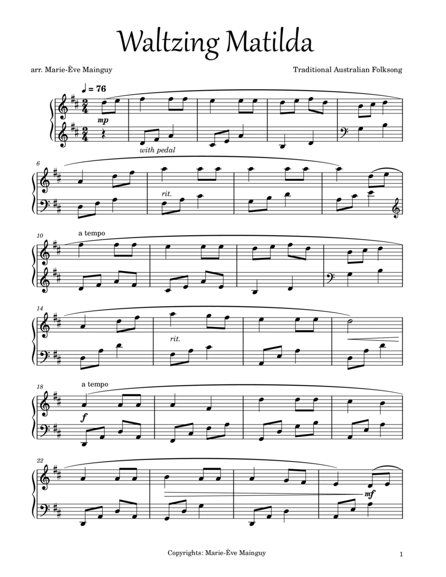 Waltzing Matilda Piano Solo scores gallery preview page 1