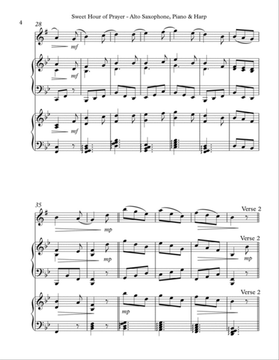 Sweet Hour of Prayer, Trio for Eb Alto Saxophone, Piano & Harp Alto Saxophone scores gallery preview page 4