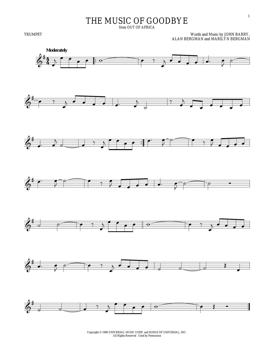 The Music Of Goodbye The Music Of Goodbye Trumpet Solo scores gallery preview page 1