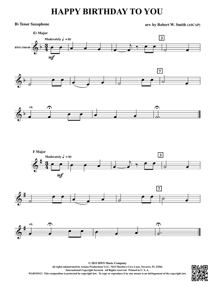 Happy Birthday to You: B-flat Tenor Saxophone Tenor Saxophone scores gallery preview page 1