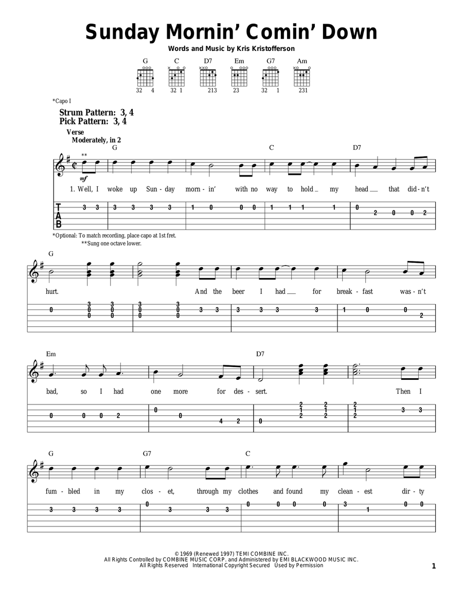 Sunday Mornin' Comin' Down Electric Guitar scores gallery preview page 1