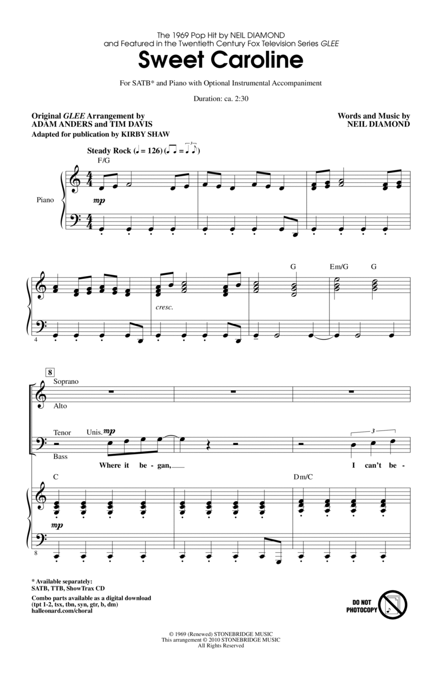 Sweet Caroline (Ed. Kirby Shaw) 4-Part scores gallery preview page 1