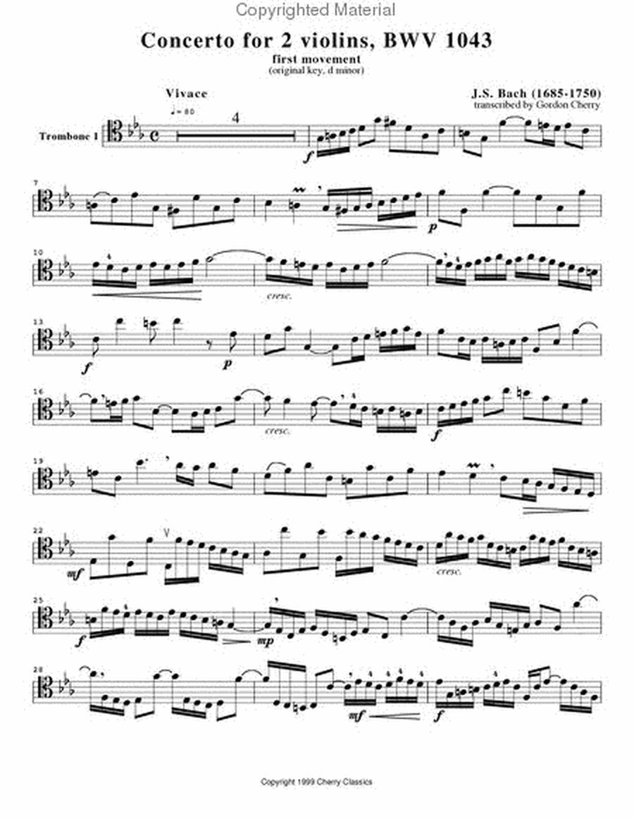 1st Movement from Concerto for two Violins (for Two Tenor Trombones & Piano) image number null