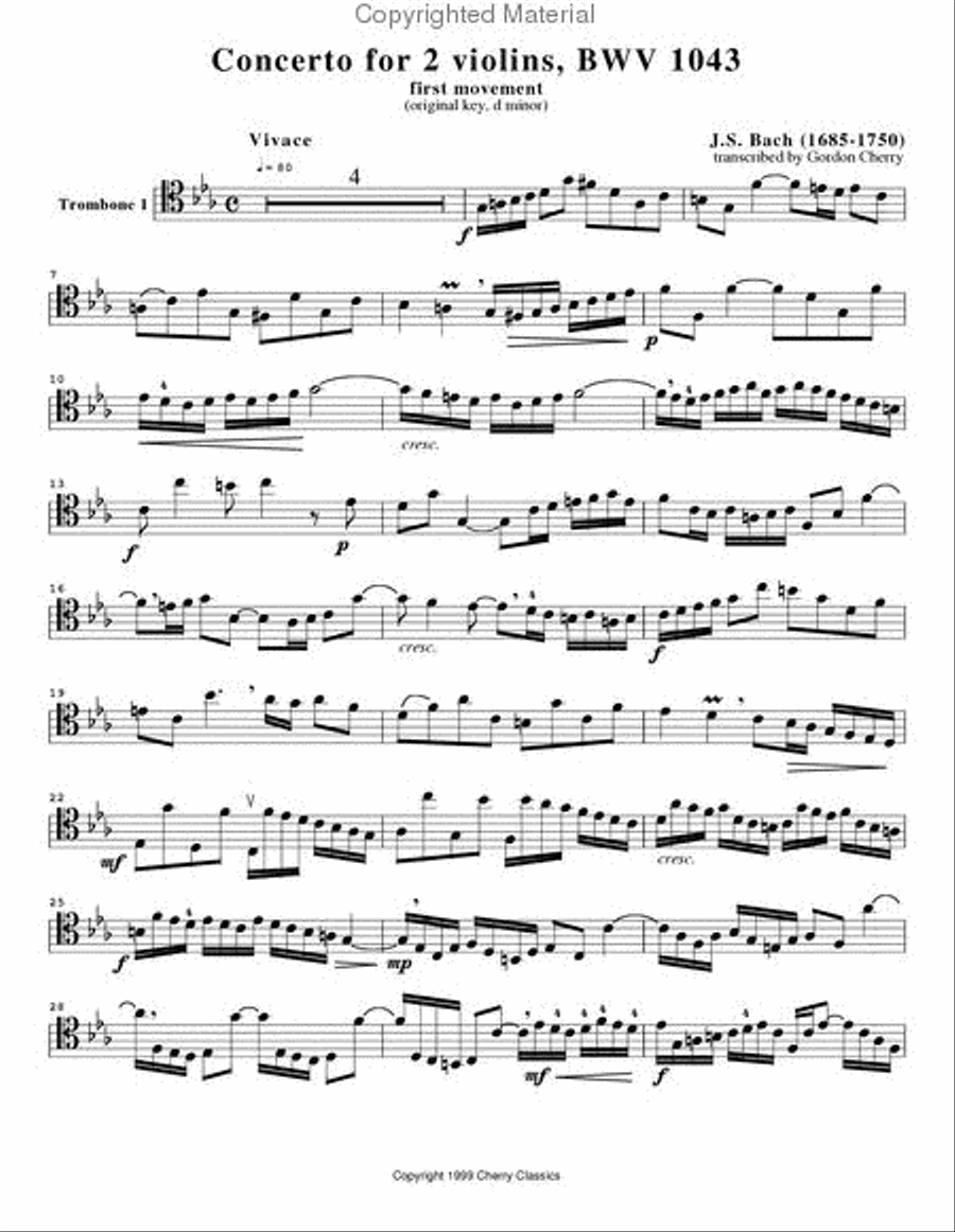 Concerto for two Violins 1st Movement from for Two Tenor Trombones & Piano Trombone scores gallery preview page 3