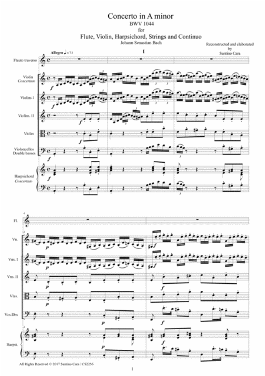 Bach - Concerto in A minor BWV 1044 for Flute, Violin, Harpsichord, Strings and Continuo - Score, Pa Chamber Orchestra scores gallery preview page 1