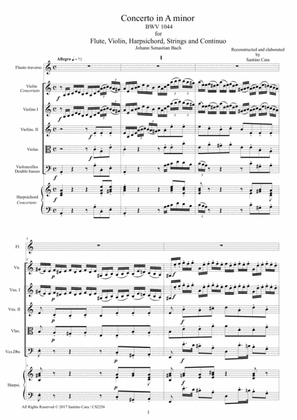Bach - Concerto in A minor BWV 1044 for Flute, Violin, Harpsichord, Strings and Continuo - Score, Pa