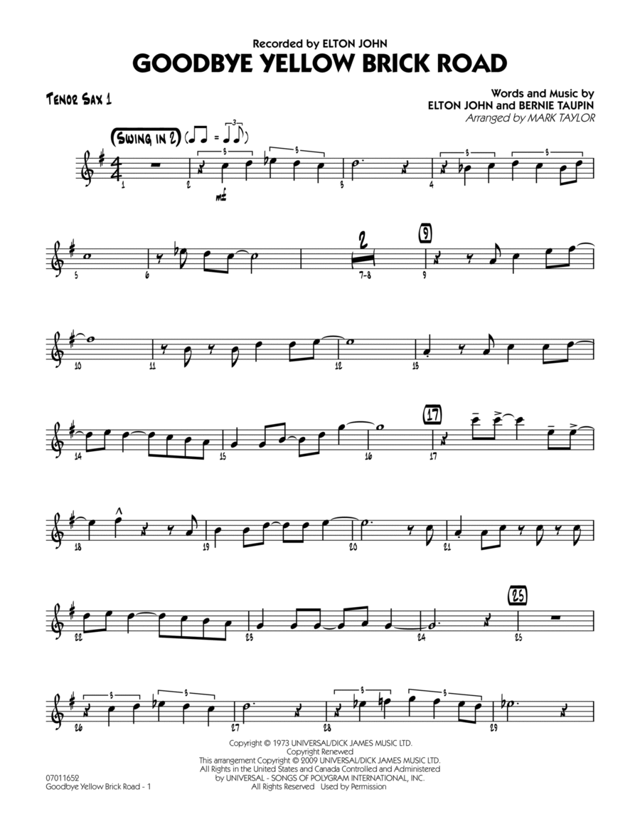 Goodbye Yellow Brick Road - Tenor Sax 1 Tenor Saxophone scores gallery preview page 1