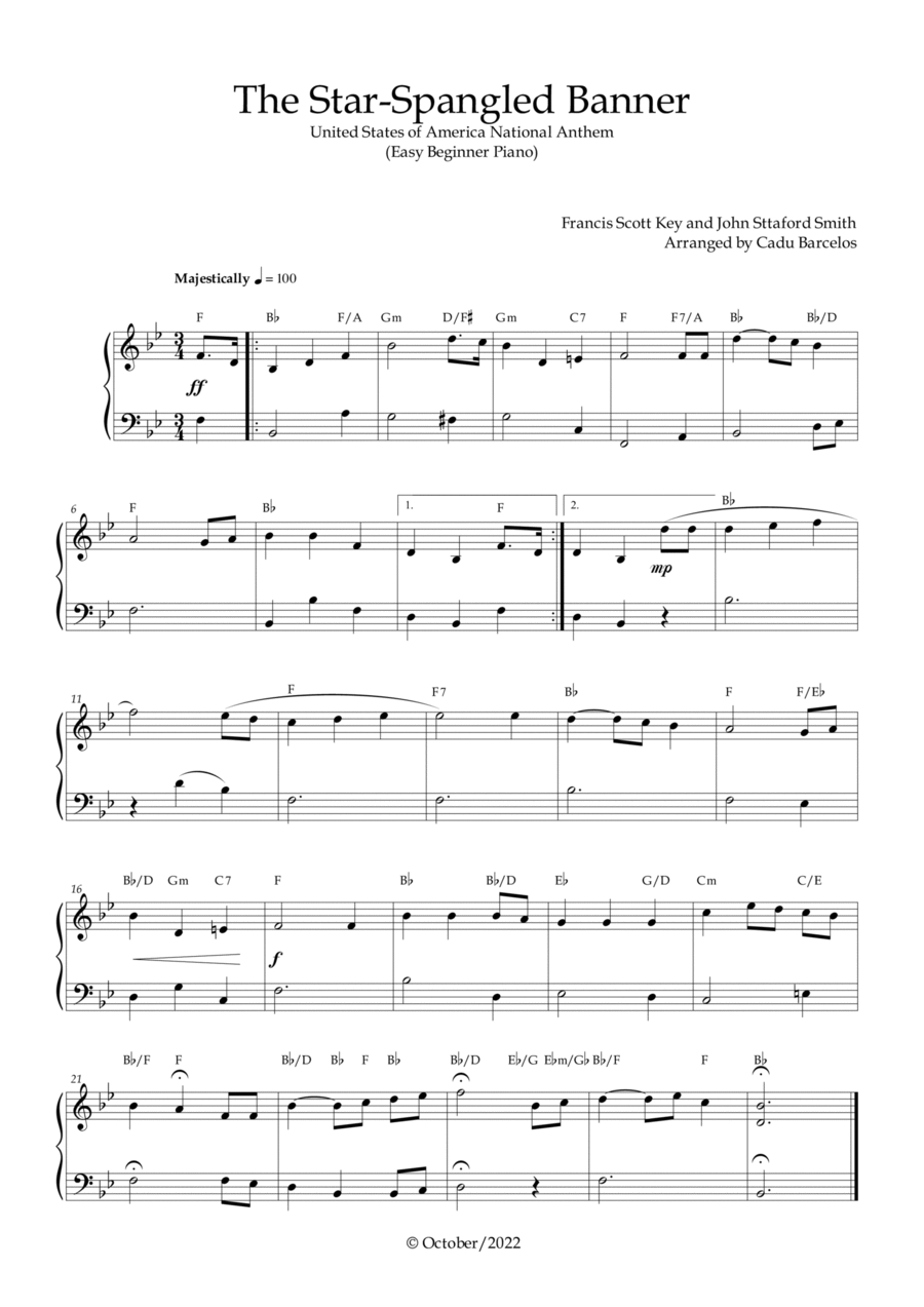 The Star-Spangled Banner - EUA Hymn (Easy Beginner Piano) Chords Easy Piano scores gallery preview page 1