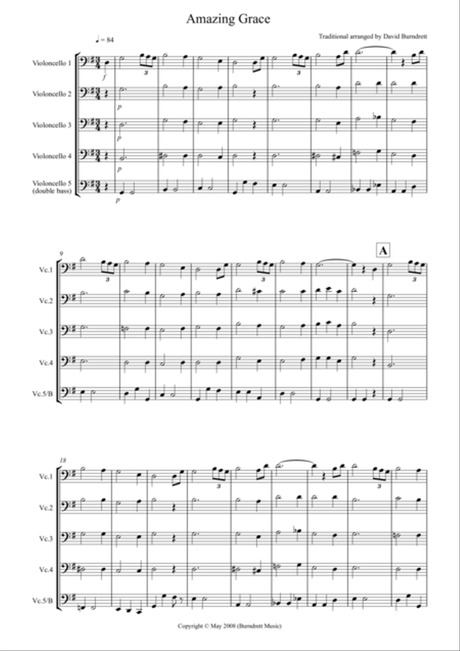 Amazing Grace for Cello Quintet Cello Solo scores gallery preview page 1
