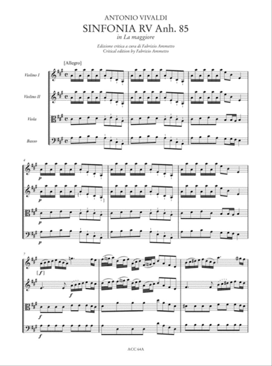 Sinfonia RV Anh. 93 in C Major - Sinfonia RV Anh. 85 in A Major for 2 Violins, Viola and Basso. Critical Edition Orchestra scores gallery preview page 3