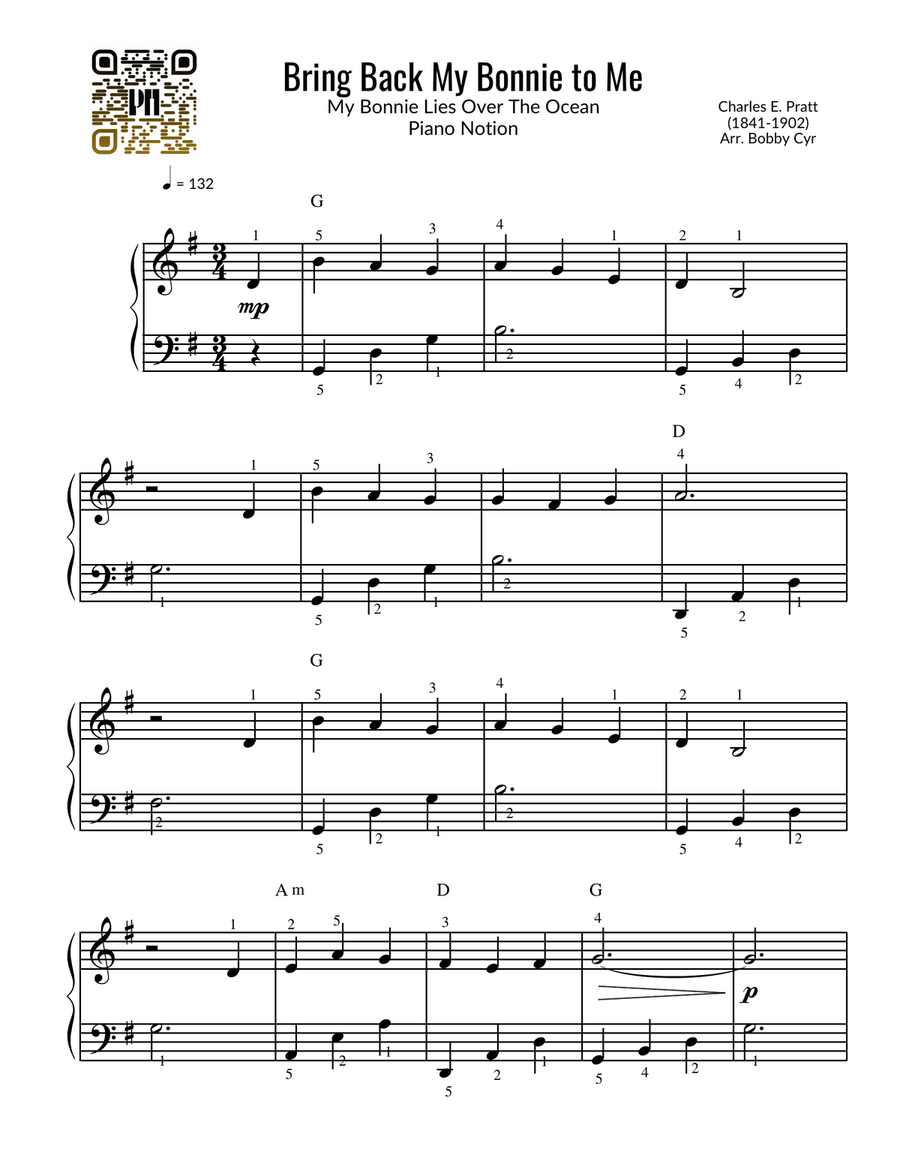 My Bonnie Lies Over The Ocean (Piano Solo) Easy Piano scores gallery preview page 1