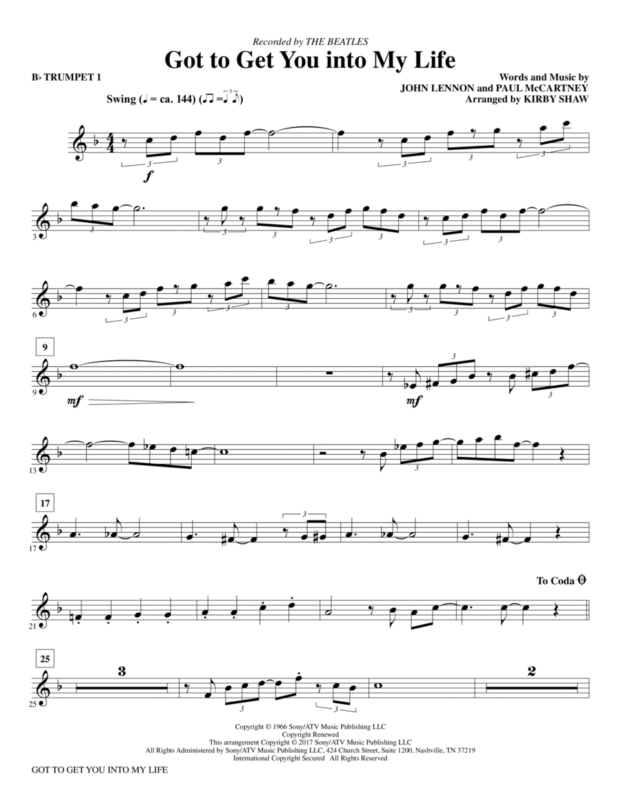 Got to Get You into My Life (arr. Kirby Shaw) - Bb Trumpet 1 Choir scores gallery preview page 1