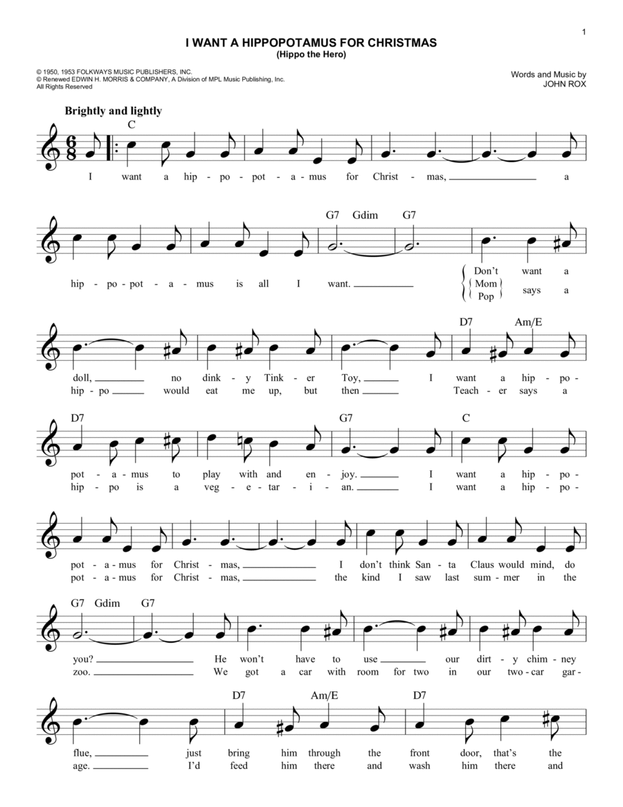 I Want A Hippopotamus For Christmas (Hippo The Hero) Piano scores gallery preview page 1