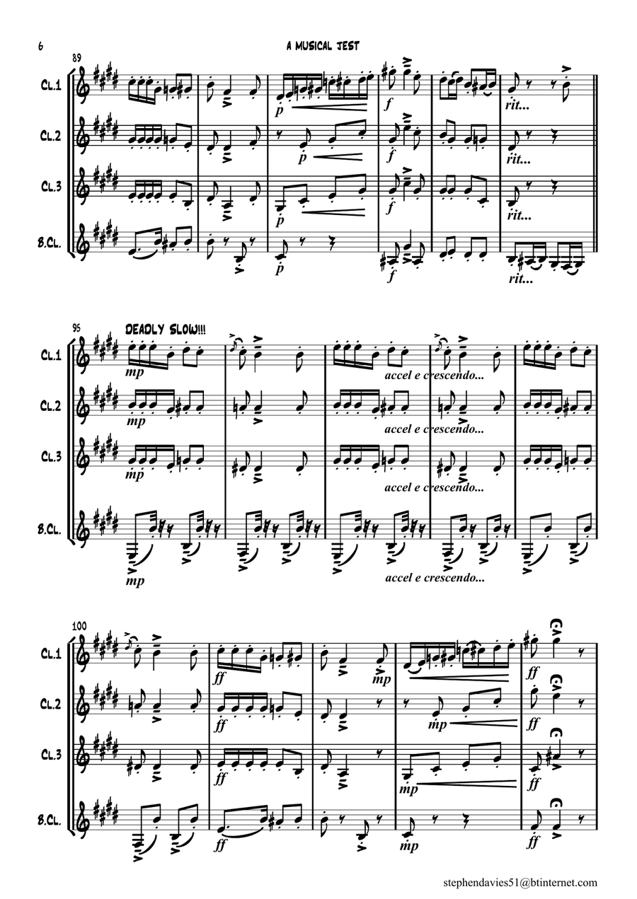'A Musical Jest' By Alfredo D'ambrosio,Clarinet Quartet, a bit of fun for 4 players! Clarinet Quartet scores gallery preview page 6