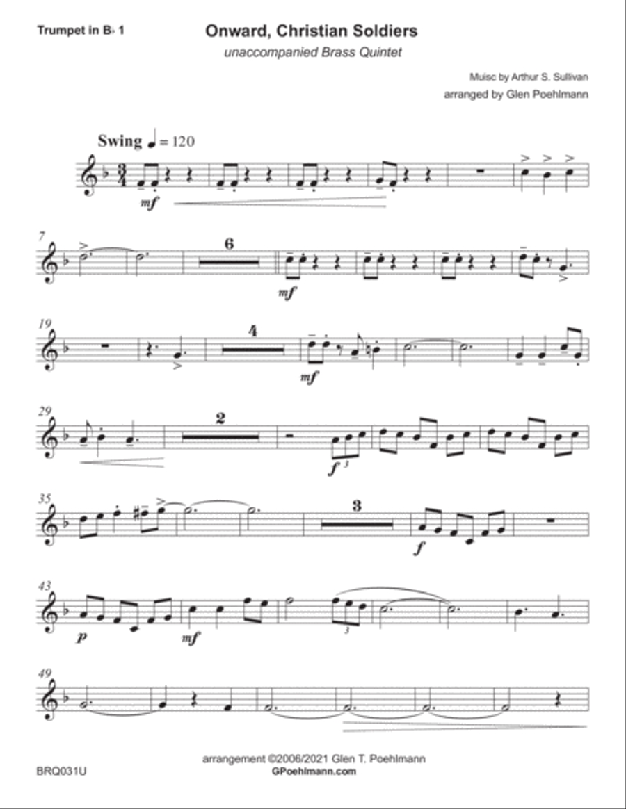 ONWARD CHRISTIAN SOLDIERS - BRASS QUINTET - Swing Style! (Jazz Waltz) Brass Quintet scores gallery preview page 5