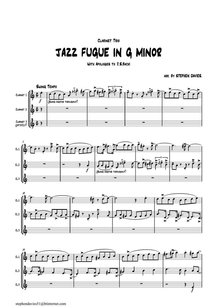 'Jazz Fugue in G Minor', based on the 'Fantasia & Fugue in G Minor' BWV542 by J.S.Bach for Clarinet Woodwind Trio scores gallery preview page 1