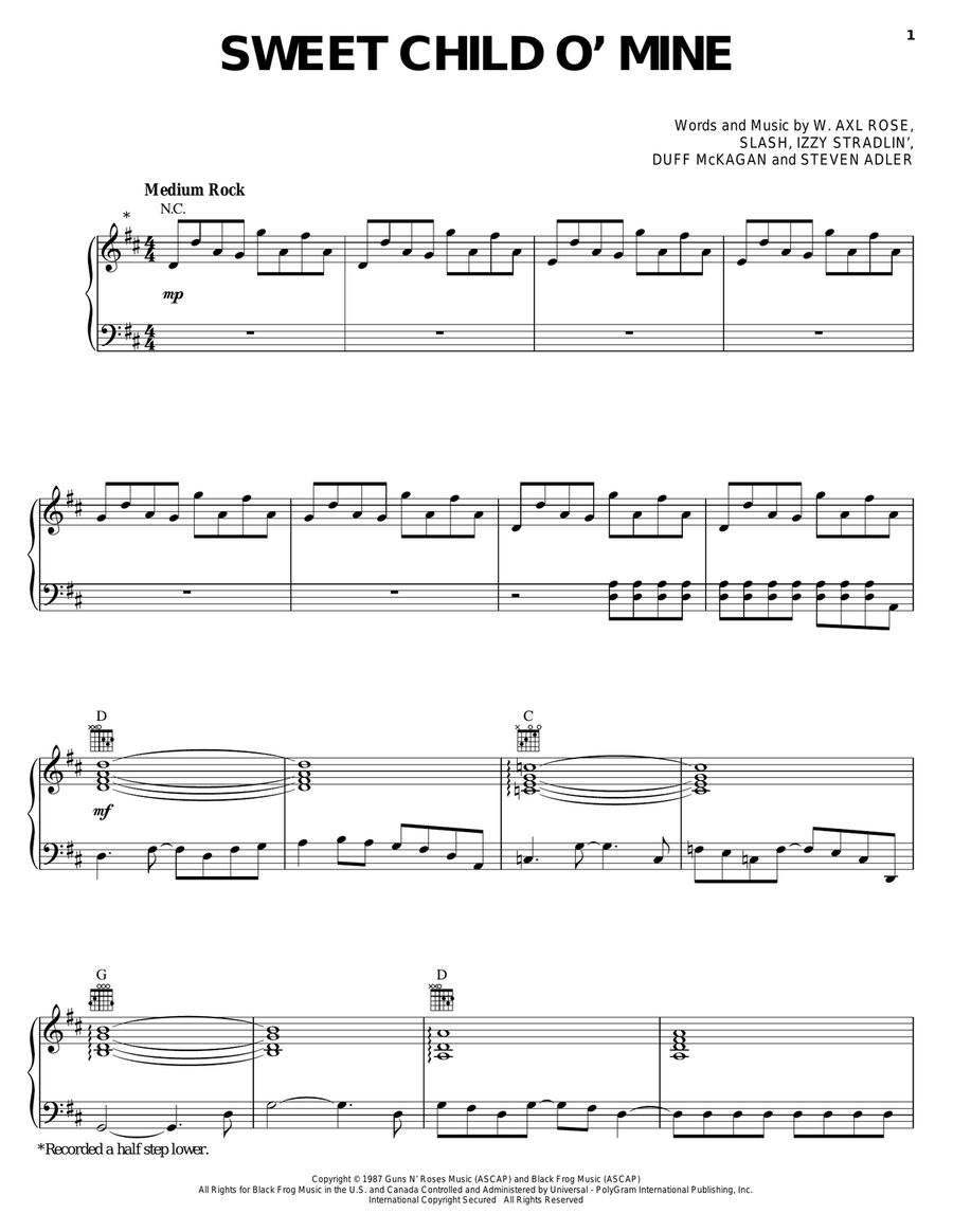 Sweet Child O' Mine Piano, Vocal, Guitar scores gallery preview page 1