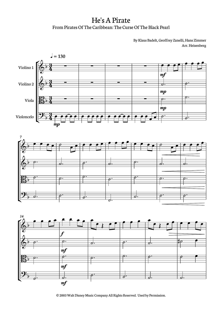 He's A Pirate String Quartet scores gallery preview page 1