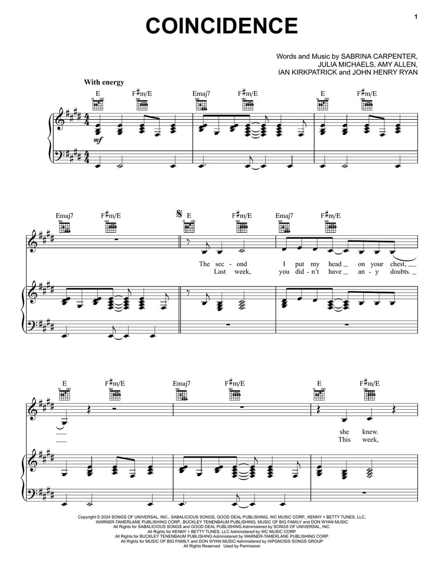 Coincidence Piano, Vocal, Guitar scores gallery preview page 1