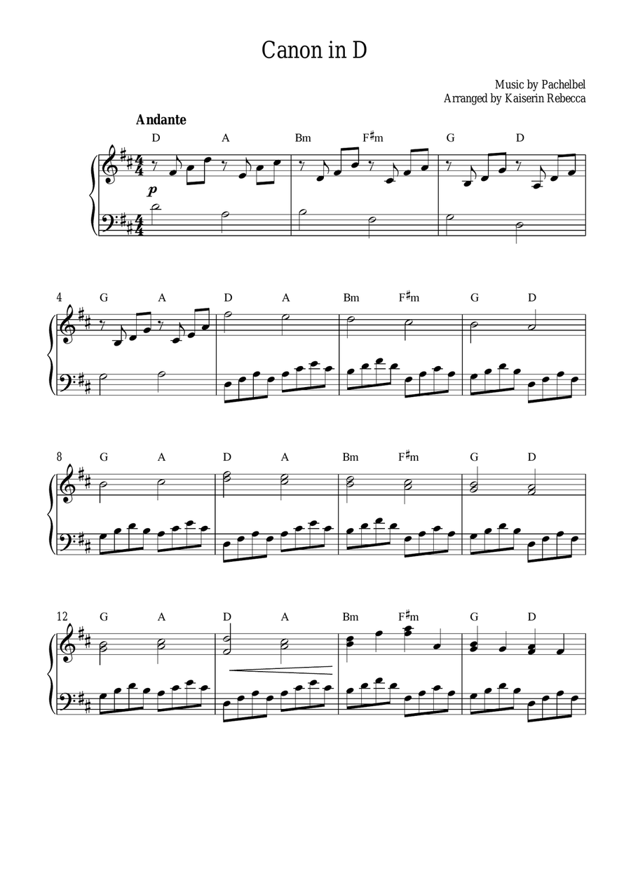 Canon in D (easy piano solo with chords) Piano Method scores gallery preview page 1