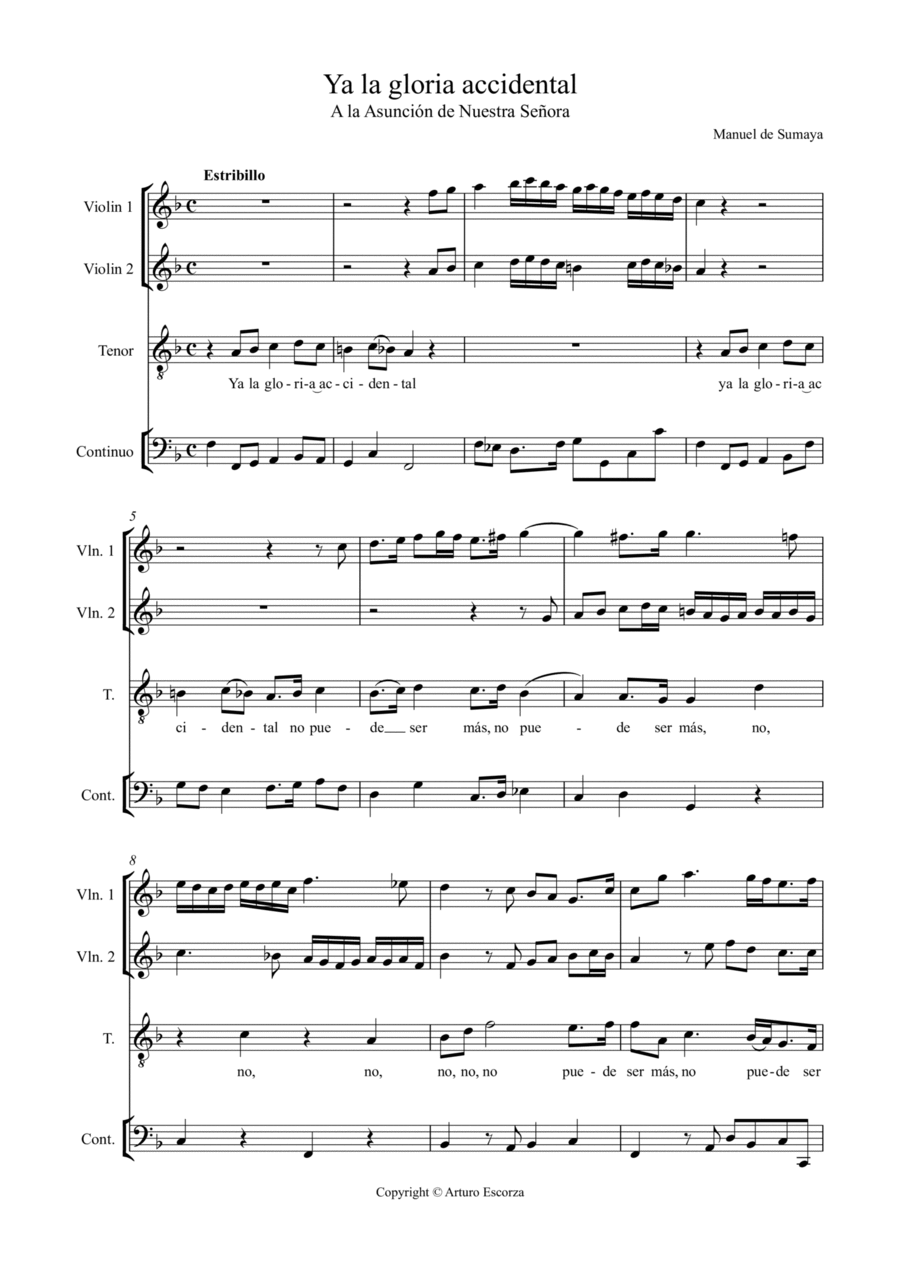 Book cover for "Ya la Gloria accidental" Cantata for solo tenor - Manuel de Sumaya