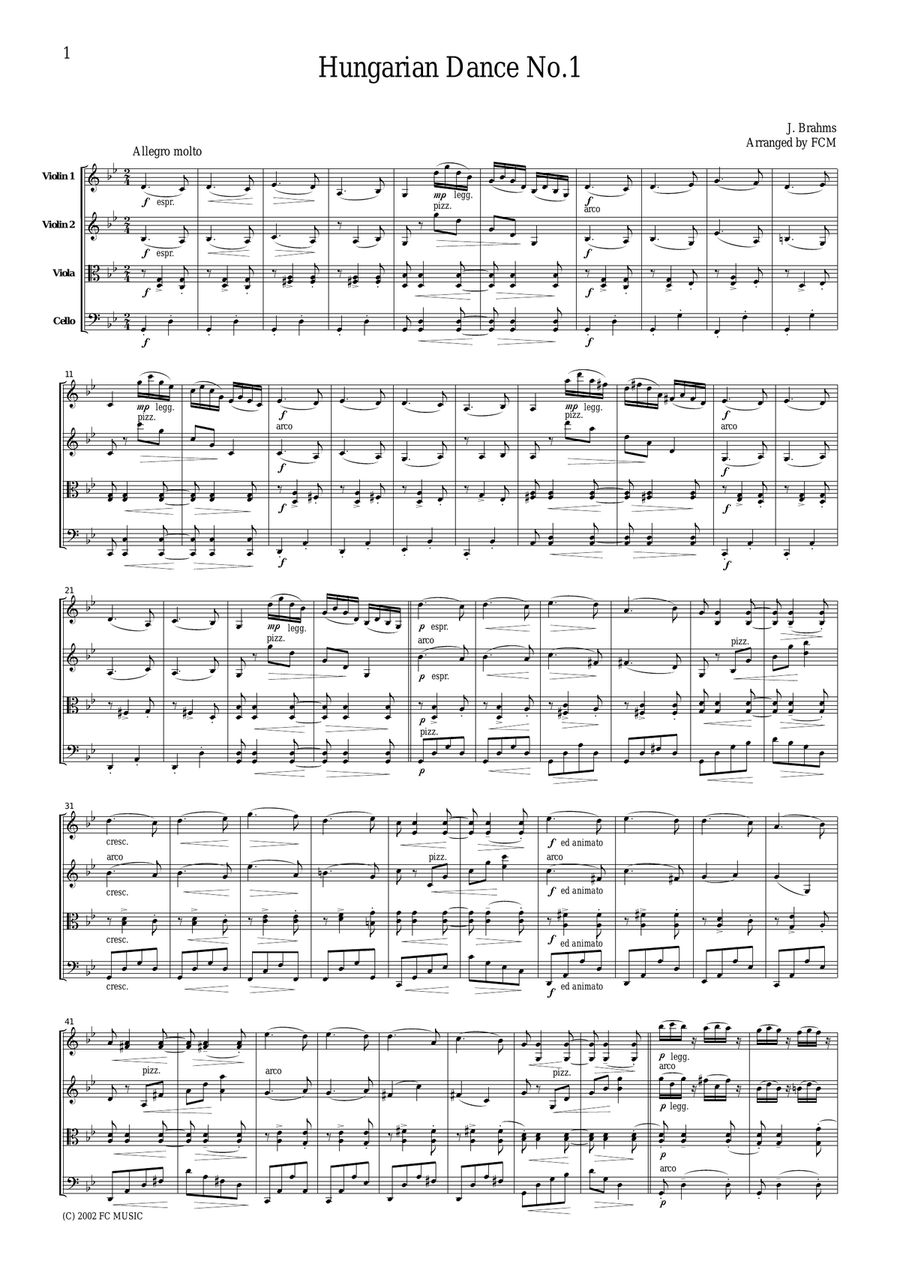 Brahms Hungarian Dance No.1, for string quartet, CB302 image number null