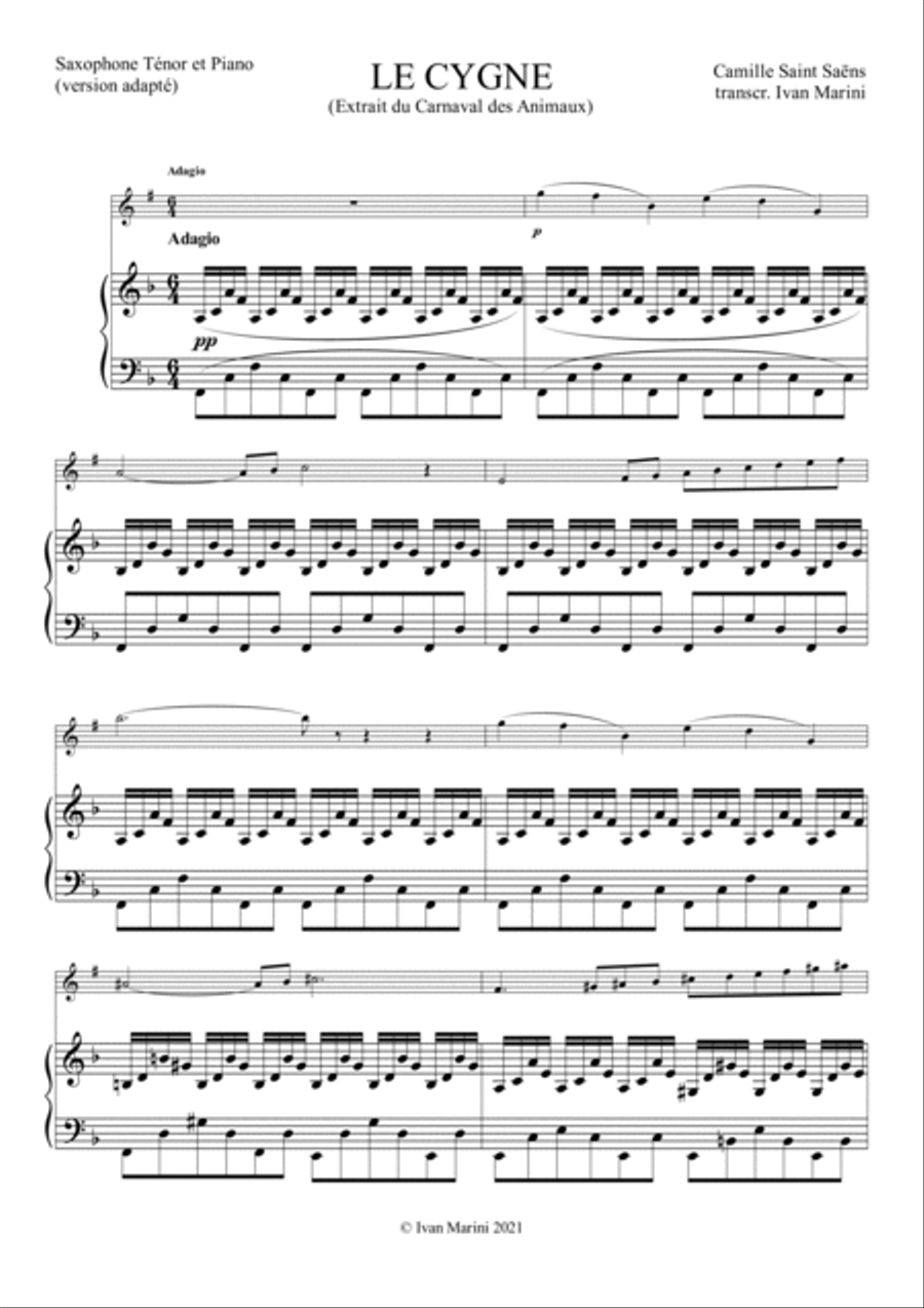 THE SWAN from The Carnival of the Animals - adapted for Tenor Sax and Piano Tenor Saxophone scores gallery preview page 3