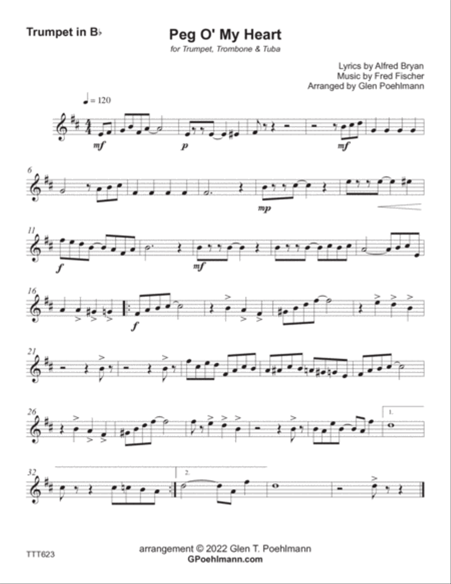 PEG O' MY HEART - Trumpet, Trombone & tuba (unaccompanied) Brass Ensemble scores gallery preview page 3