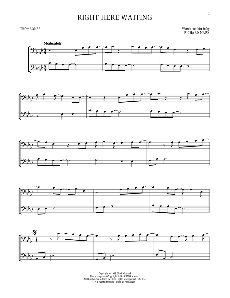 Right Here Waiting Right Here Waiting Trombone Duet scores gallery preview page 1