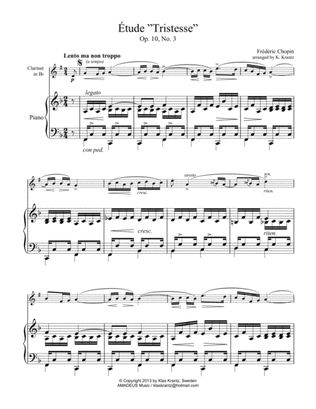 Book cover for Étude (Study) "Tristesse" Op 10 No. 3 (abridged) for clarinet and piano