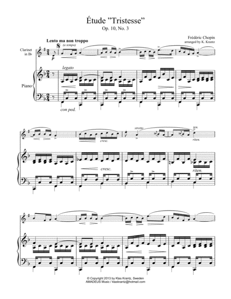 Étude (Study) "Tristesse" Op 10 No. 3 (abridged) for clarinet and piano image number null
